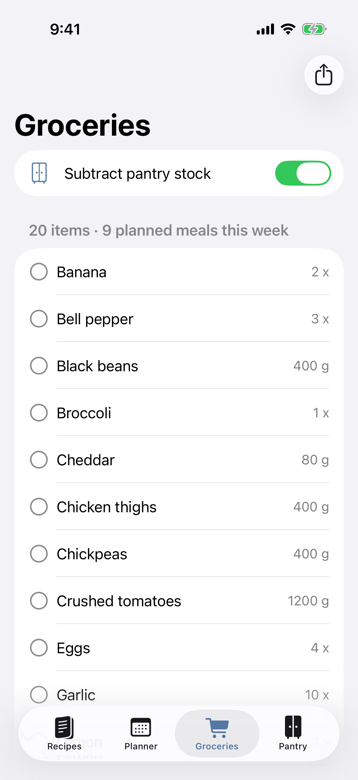 MealStack aggregated grocery list