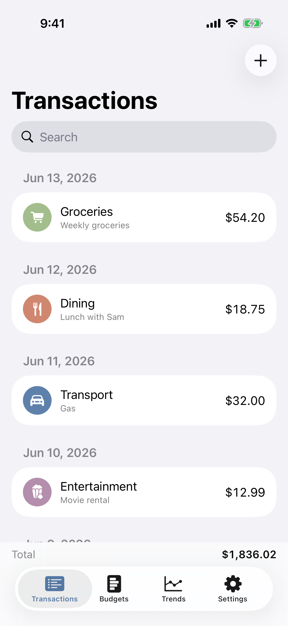 SpendWise transactions grouped by day