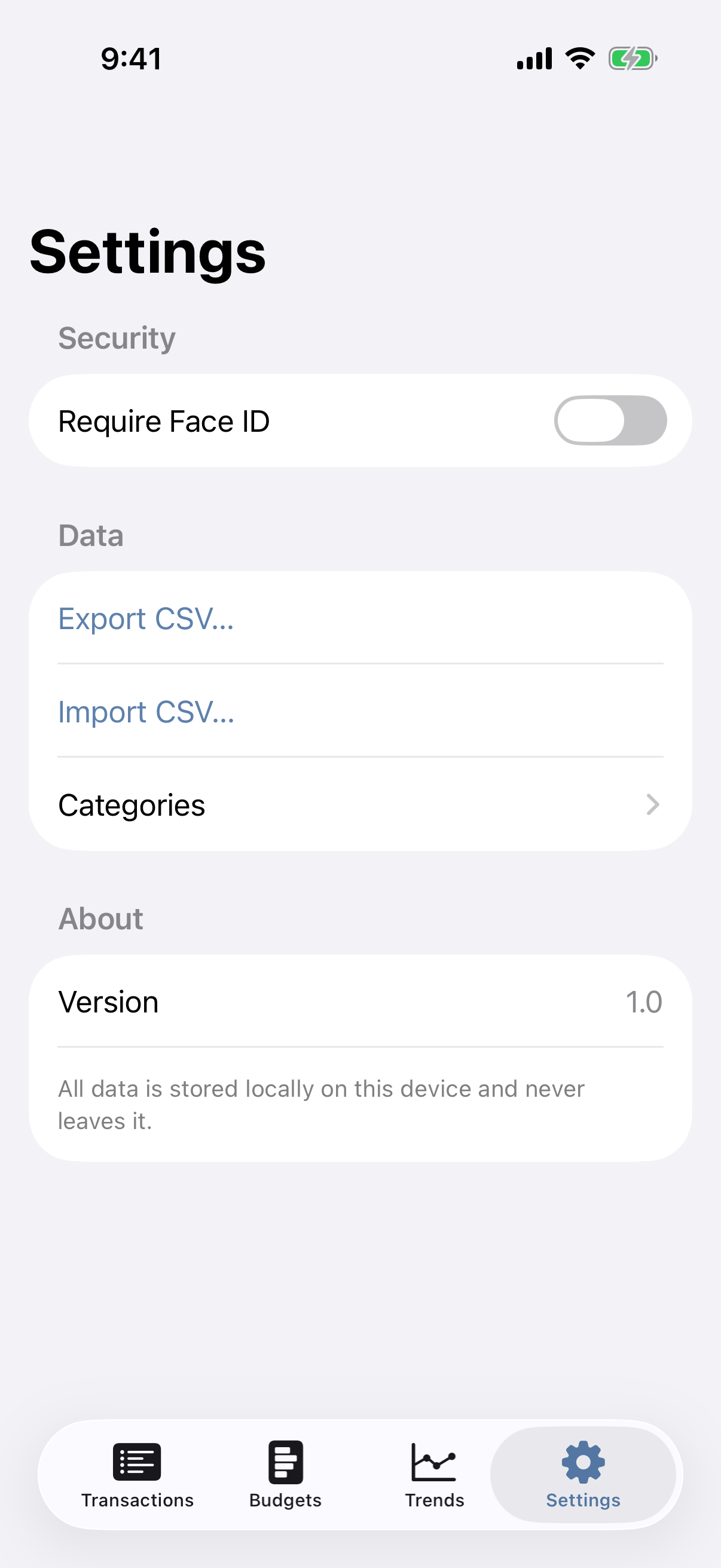 SpendWise settings with Face ID and CSV tools