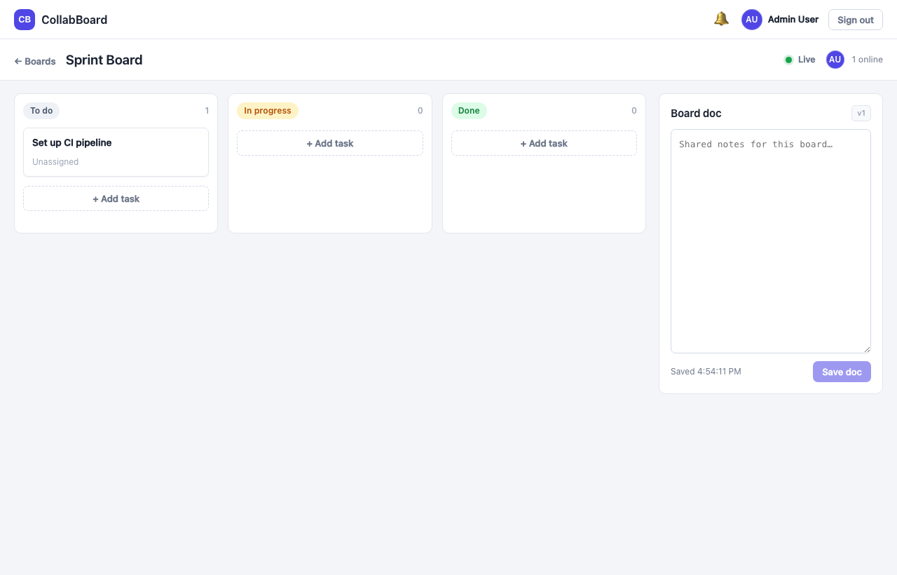 CollabBoard real-time workspace with boards, tasks, and live presence