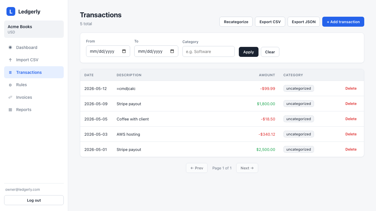 Ledgerly bookkeeping dashboard with categorized transactions and monthly reports